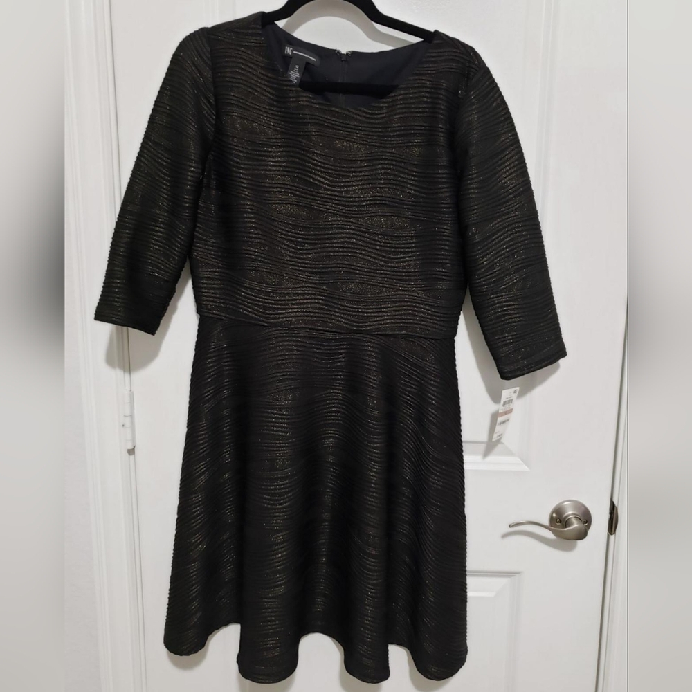 INC Womens Black Textured A-line Flare 3/4 Sleeve Party Coctail Dress Sz 12